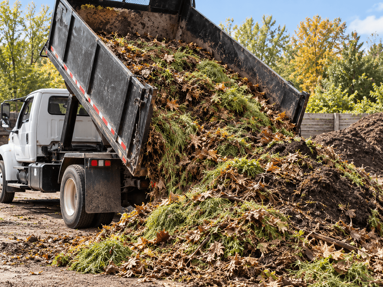 White dump truck unloading green grass and brown autumn leaves onto a large pile.