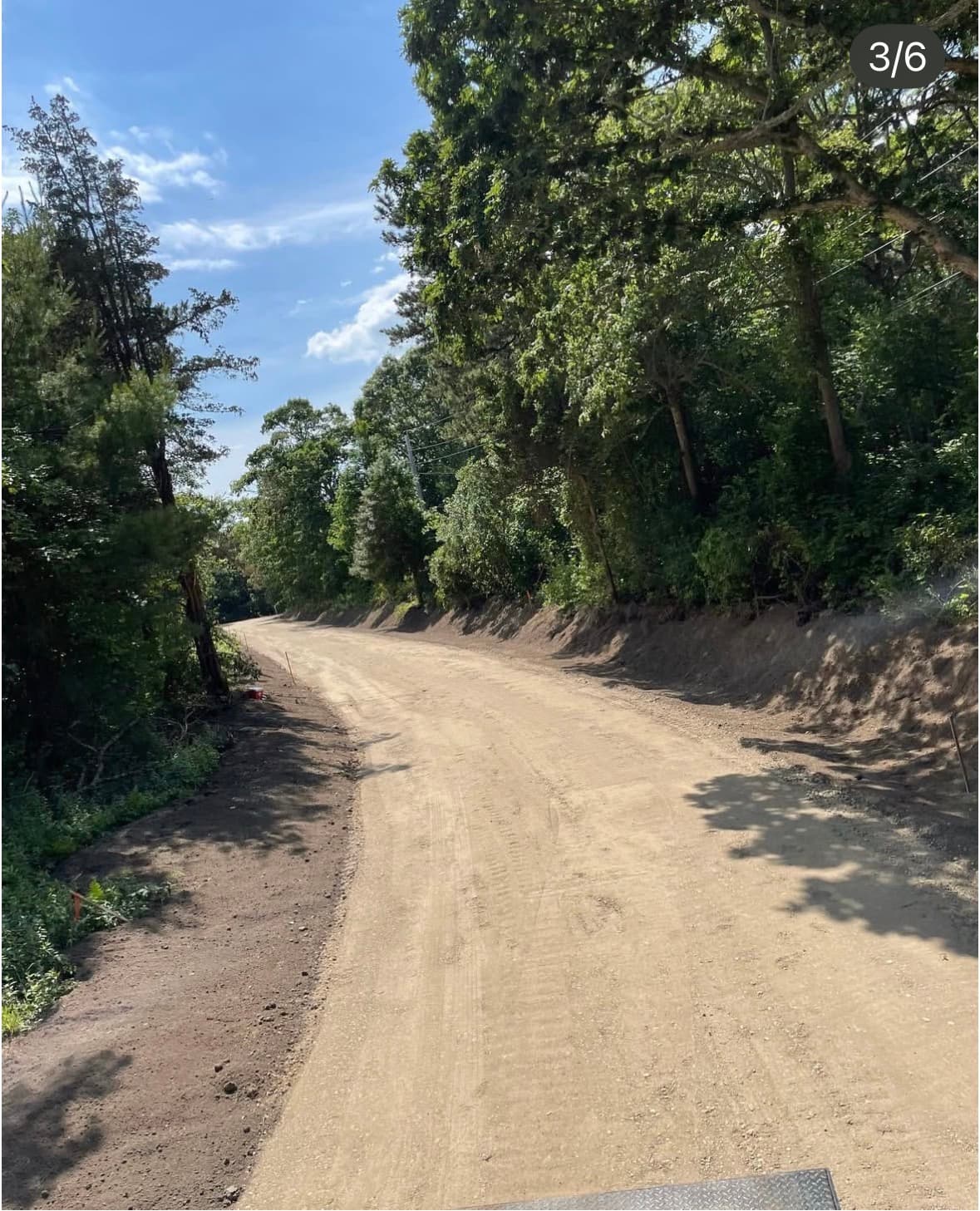 Curving dirt road through a lush forest with fresh earth along the shoulders.