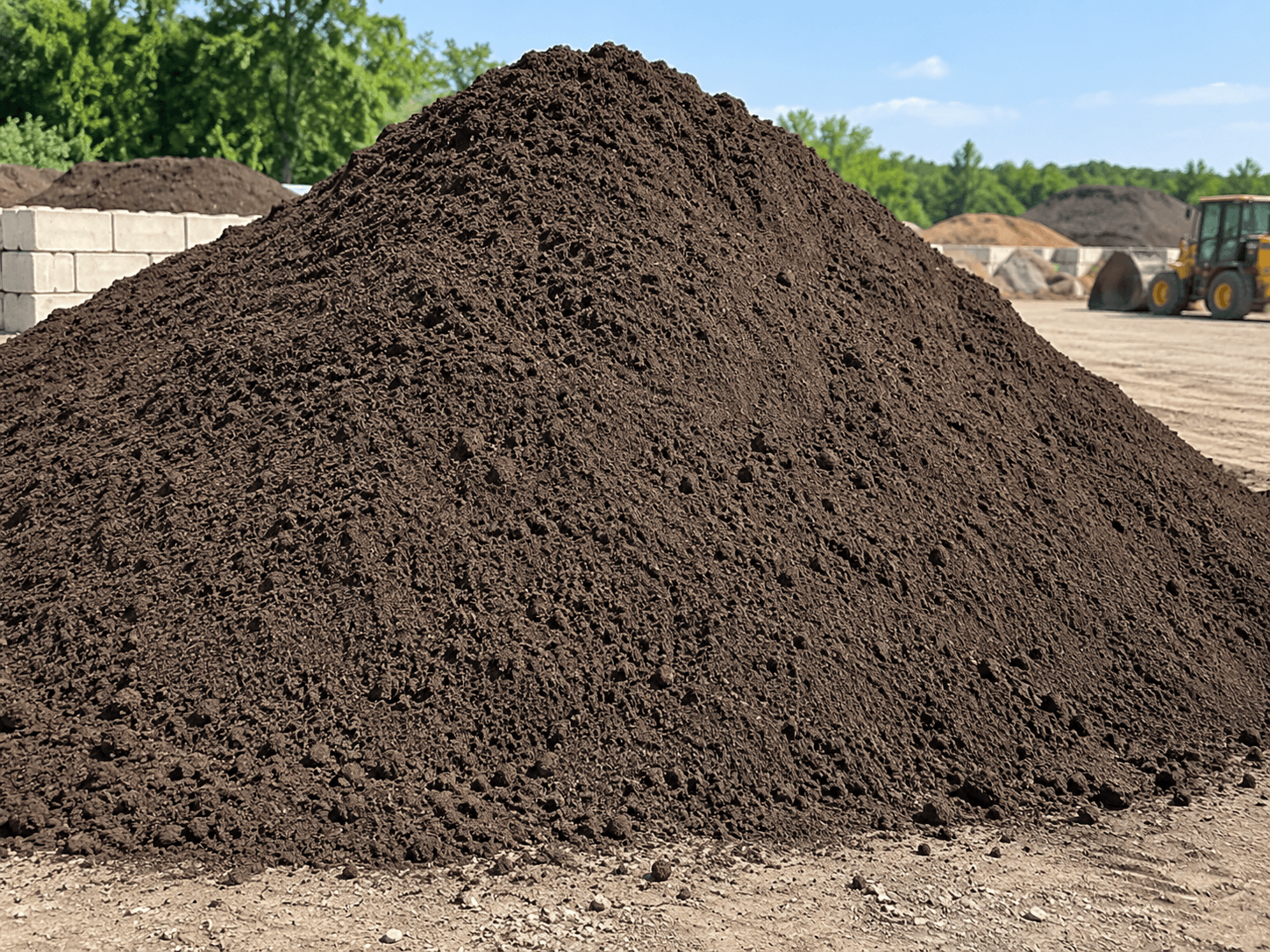 Large pile of dark, rich topsoil in a landscaping yard with a yellow loader.